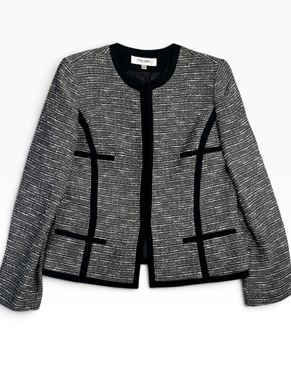 Jones Studio Size 12 Black & White Tweed Open-Front Blazer Tailored Luxury